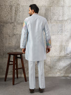 Radiant Sky Blue Soft Silk Sequence Embroidered Kurta For Men
