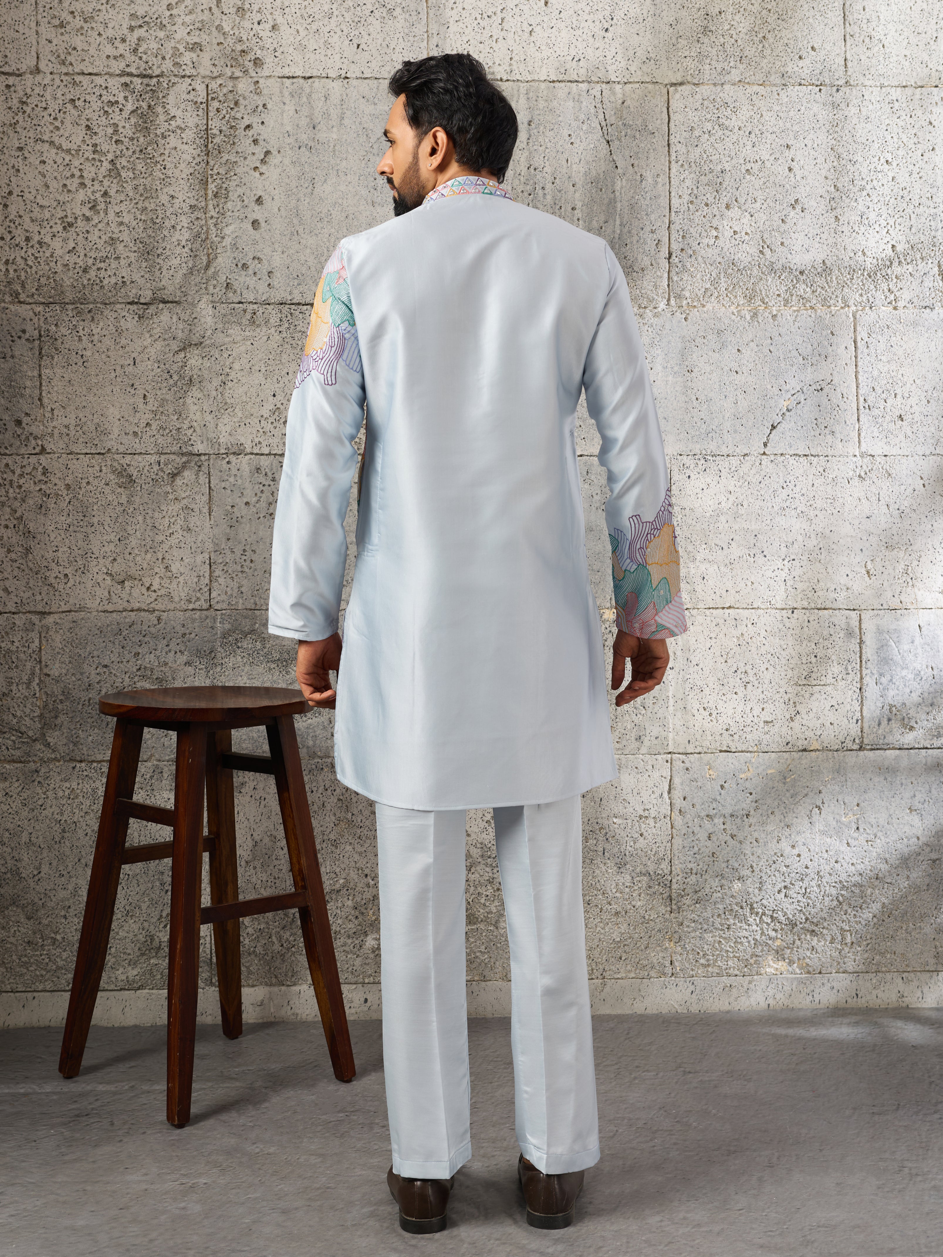 Radiant Sky Blue Soft Silk Sequence Embroidered Kurta For Men
