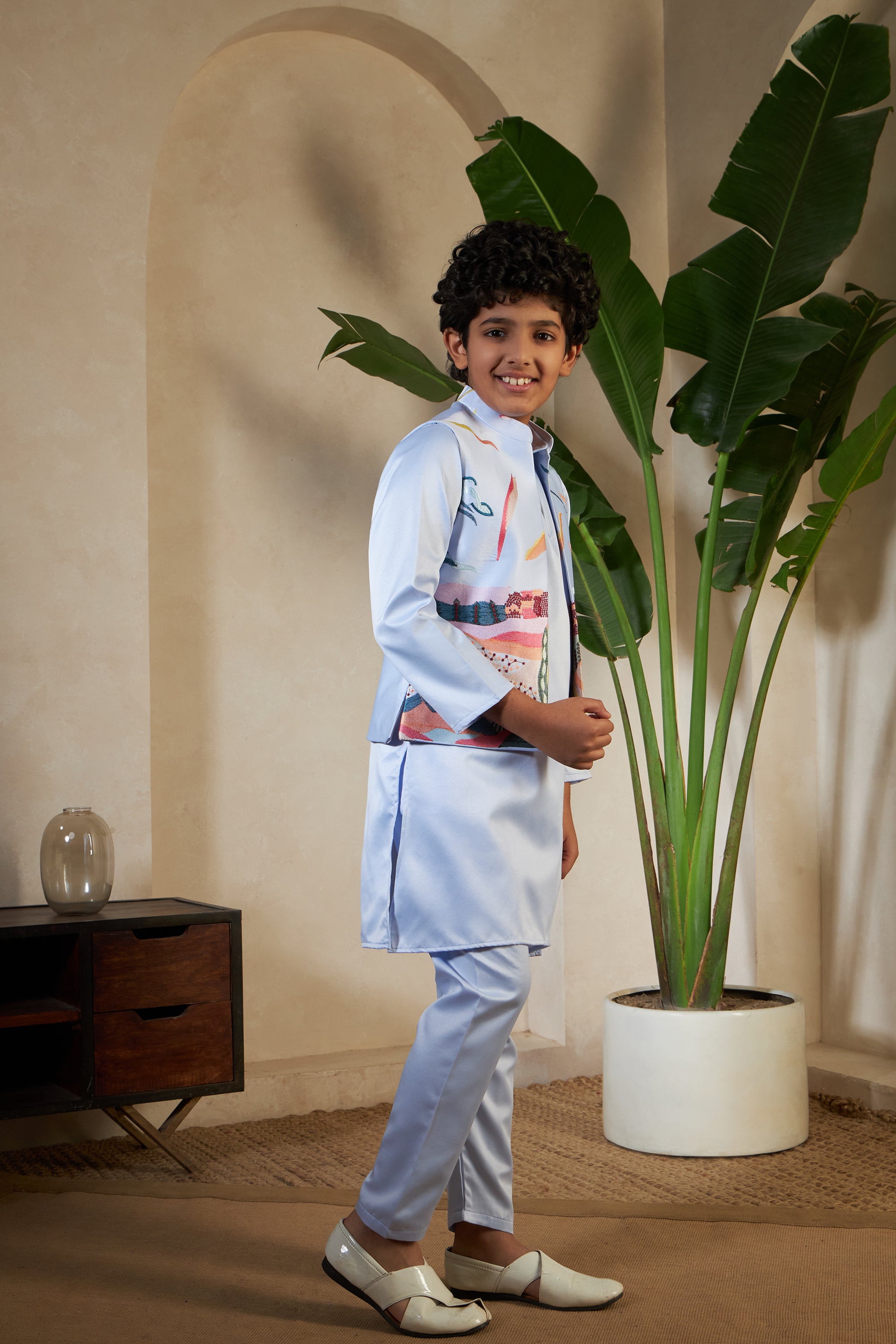 Sky Color Embroidered Carnival Kurta-Jacket Set for Boys
