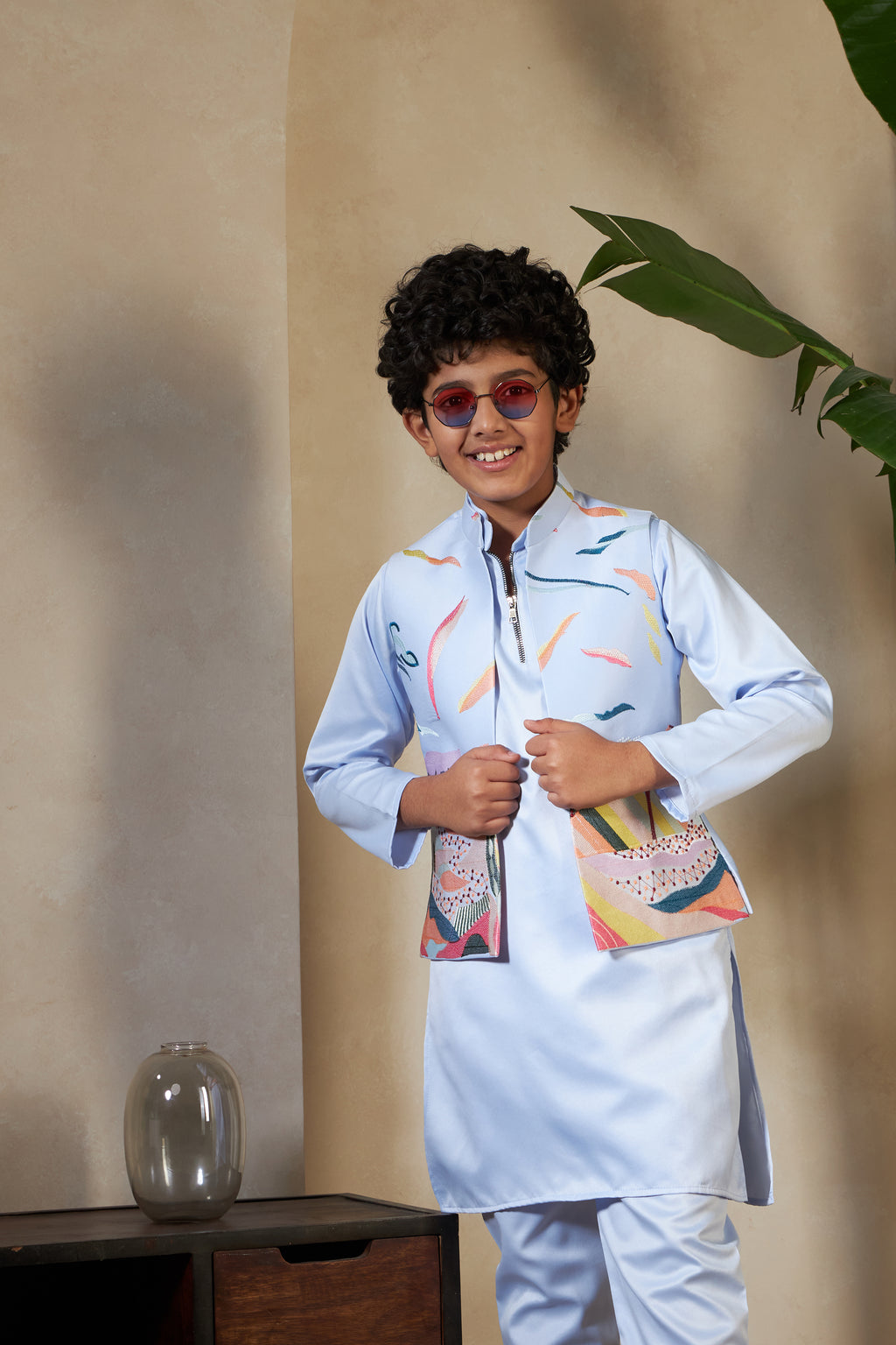 Sky Color Embroidered Carnival Kurta-Jacket Set for Boys
