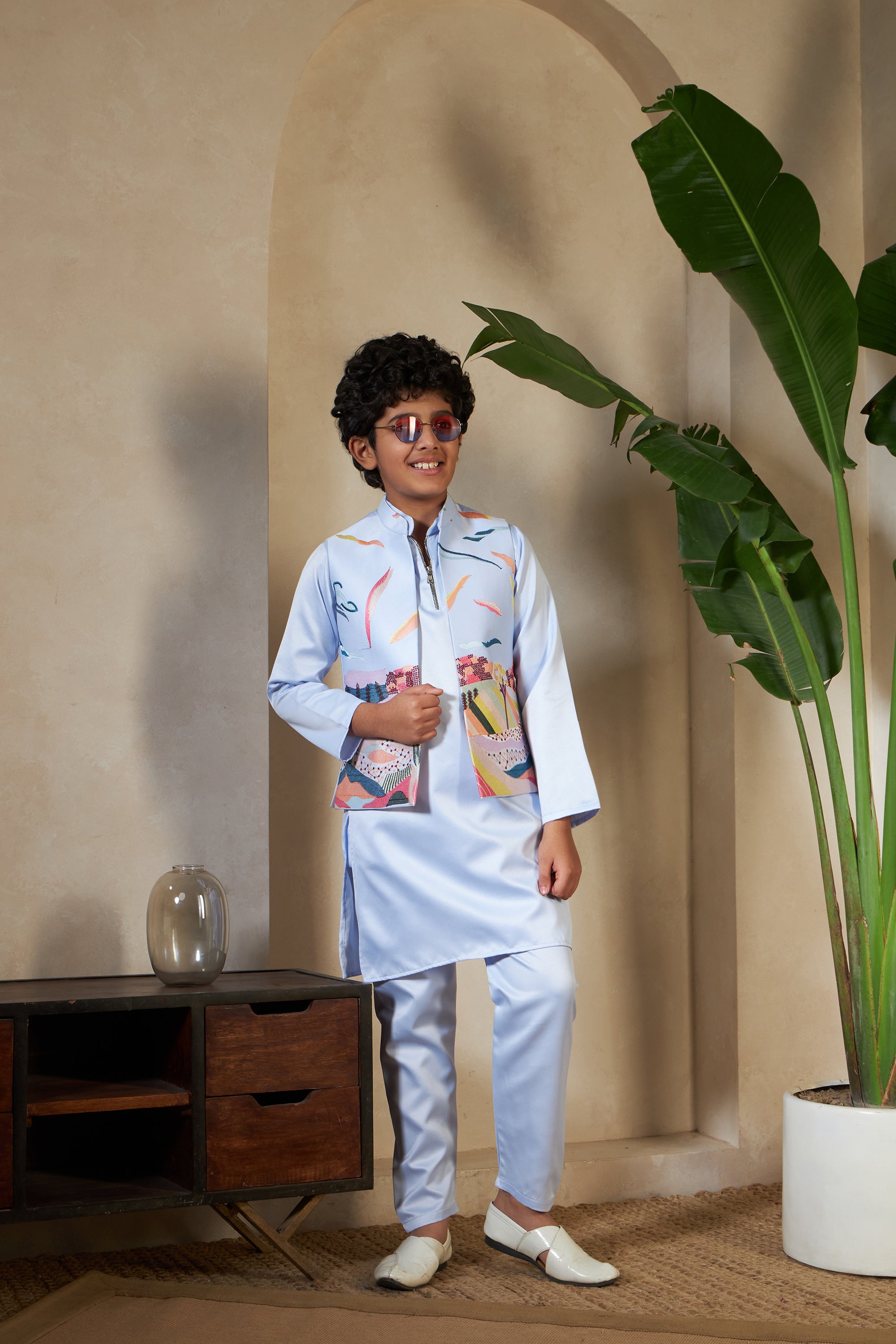 Sky Color Embroidered Carnival Kurta-Jacket Set for Boys

