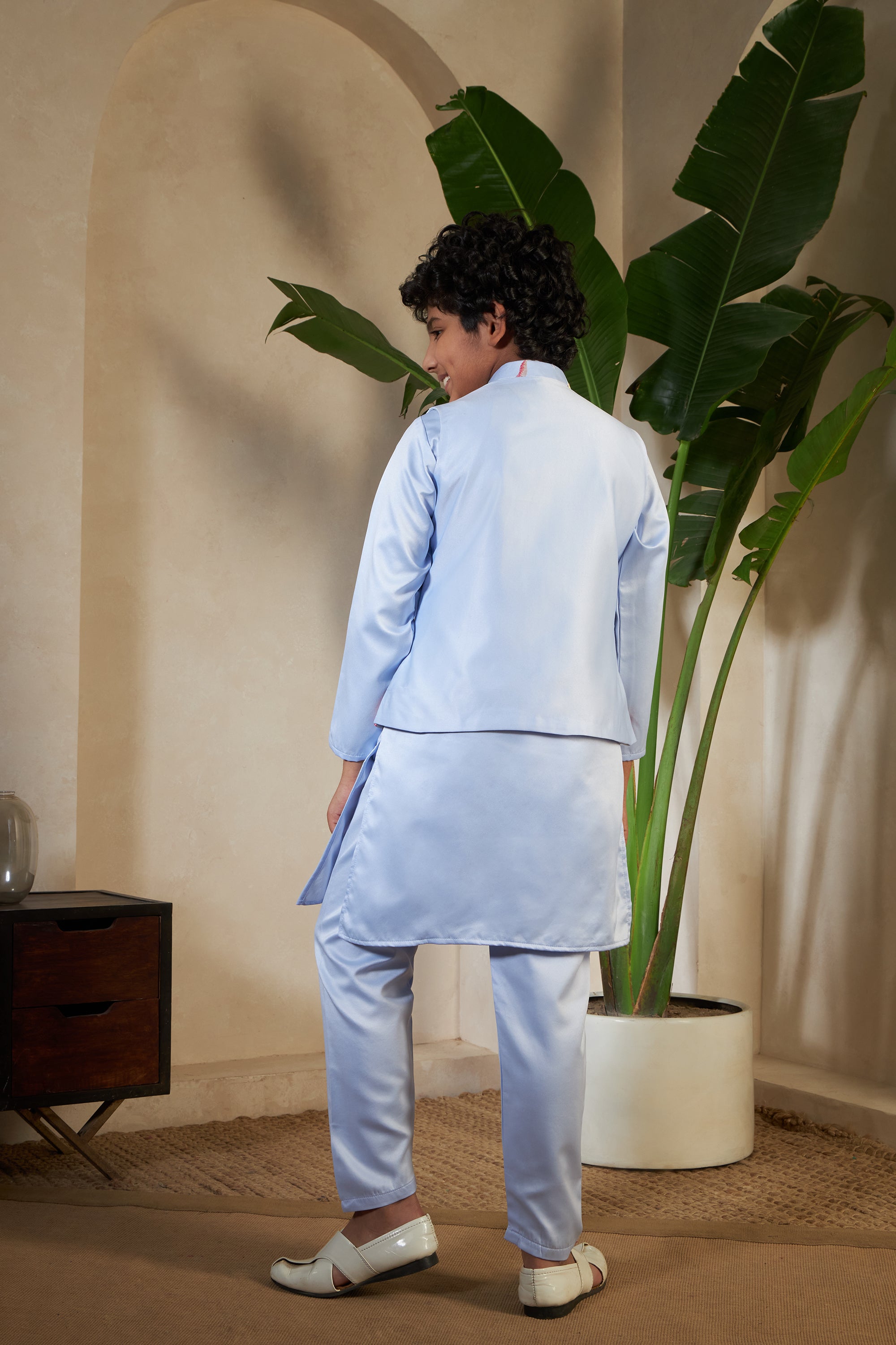 Sky Color Embroidered Carnival Kurta-Jacket Set for Boys

