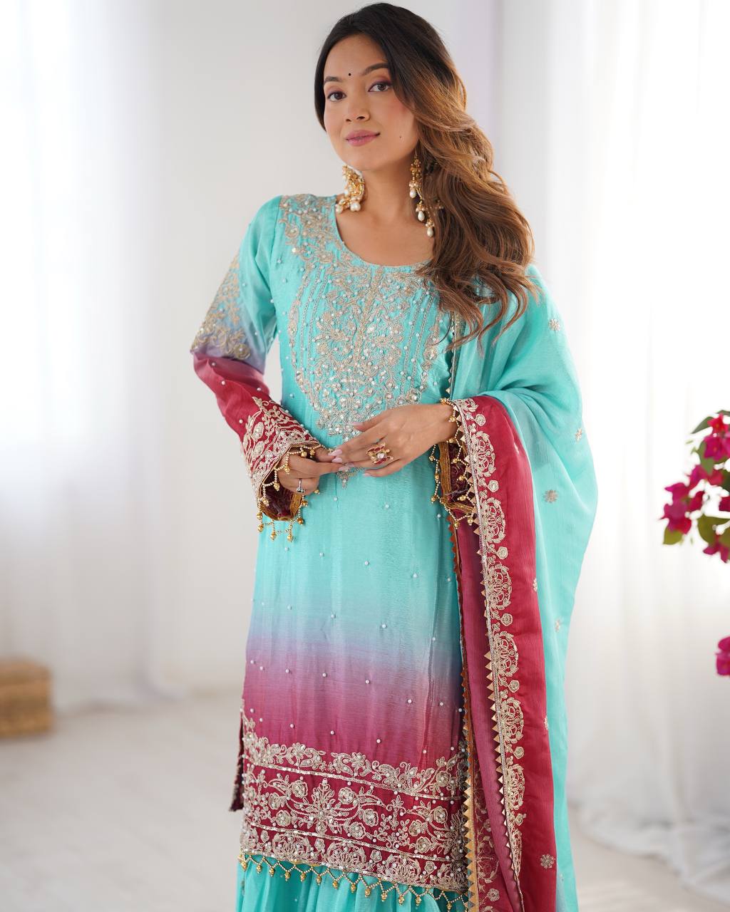 Premium Chinnon Silk with Coding Dori with Sequence with Rivet Moti Work Fancy Suit Set
