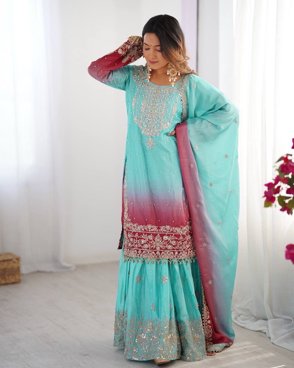 
Premium Chinnon Silk with Coding Dori with Sequence with Rivet Moti Work Fancy Suit Set