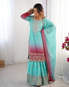 
Premium Chinnon Silk with Coding Dori with Sequence with Rivet Moti Work Fancy Suit Set