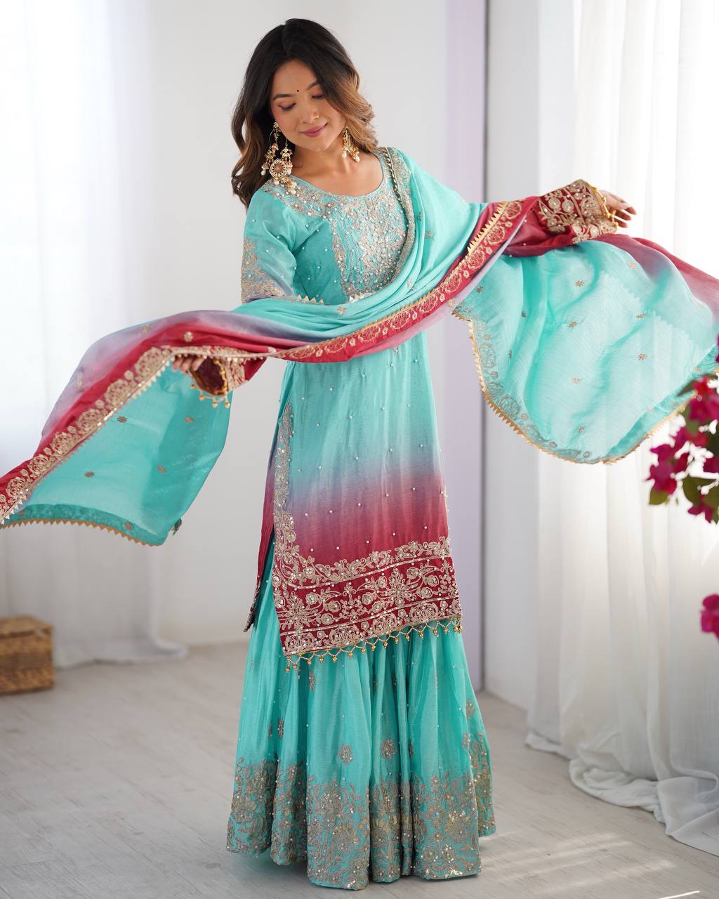 
Premium Chinnon Silk with Coding Dori with Sequence with Rivet Moti Work Fancy Suit Set