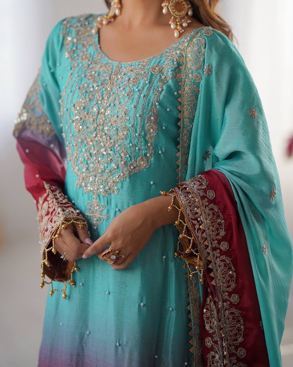 Premium Chinnon Silk with Coding Dori with Sequence with Rivet Moti Work Fancy Suit Set