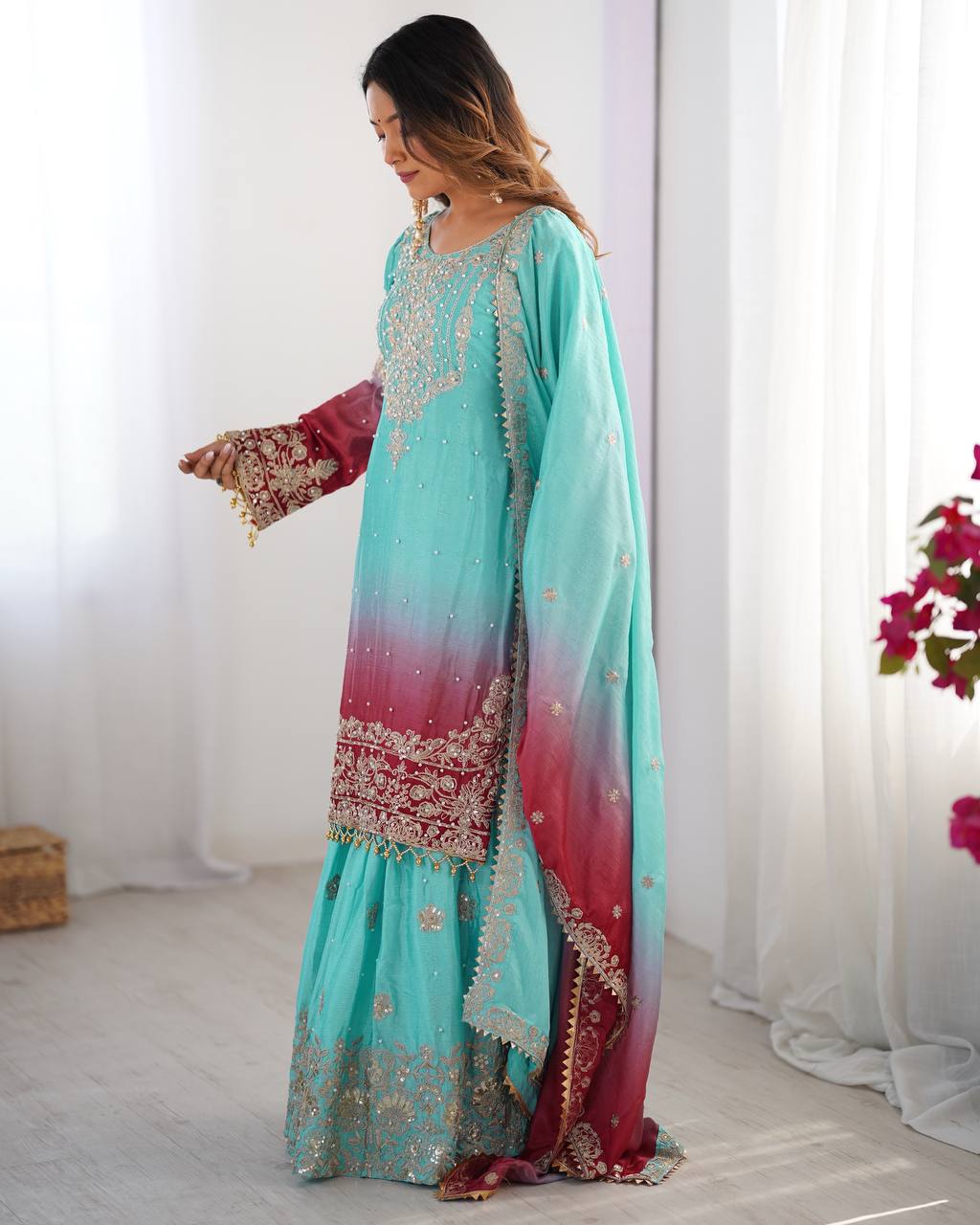 Premium Chinnon Silk with Coding Dori with Sequence with Rivet Moti Work Fancy Suit Set