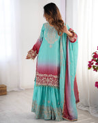 Premium Chinnon Silk with Coding Dori with Sequence with Rivet Moti Work Fancy Suit Set