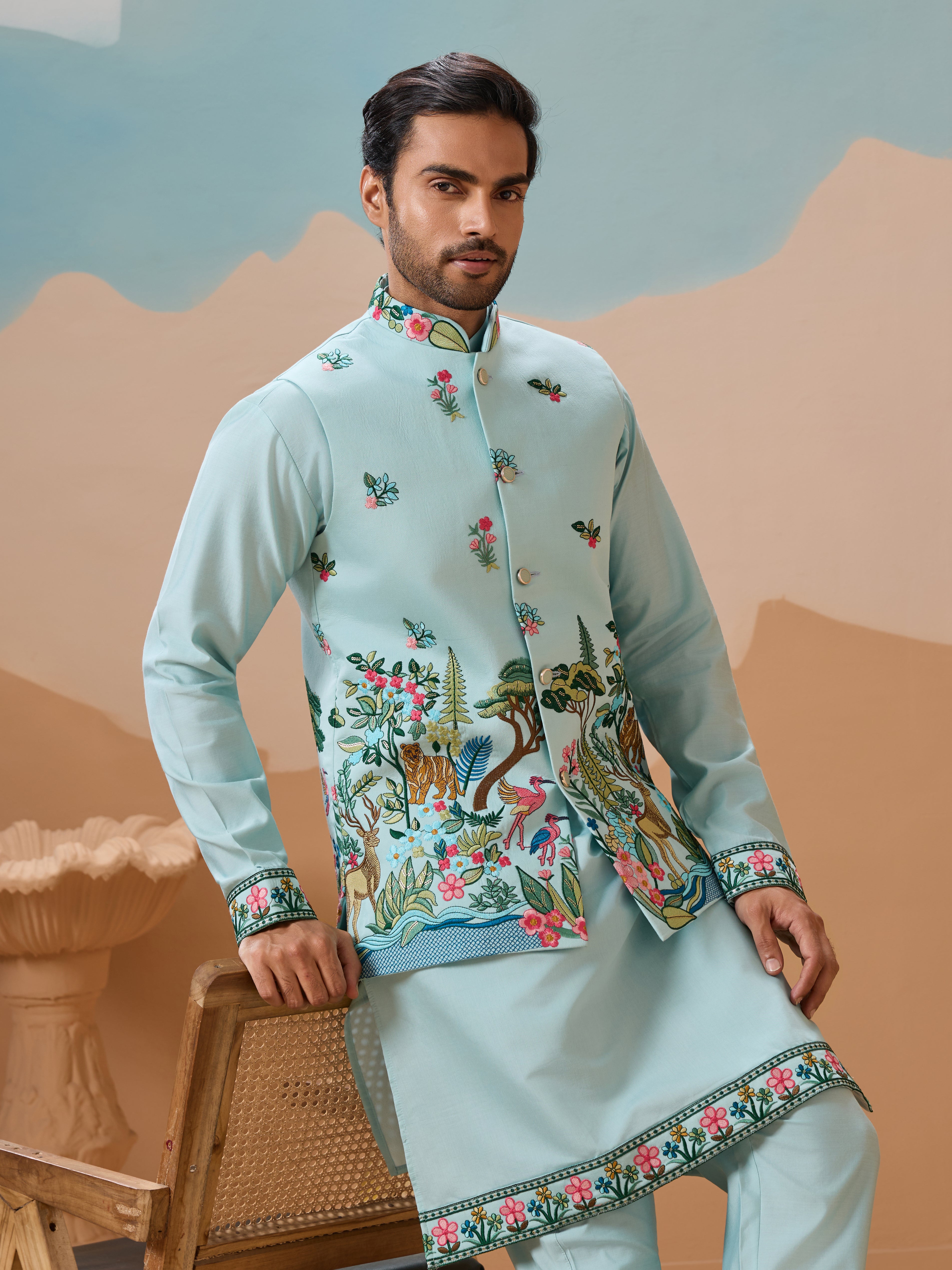 Stylish Sky Color Mens Koti Kurta Set Collection