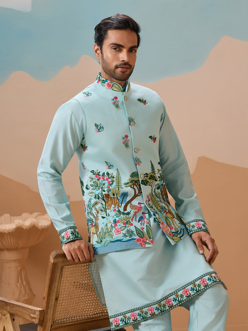 Stylish Sky Color Mens Koti Kurta Set Collection