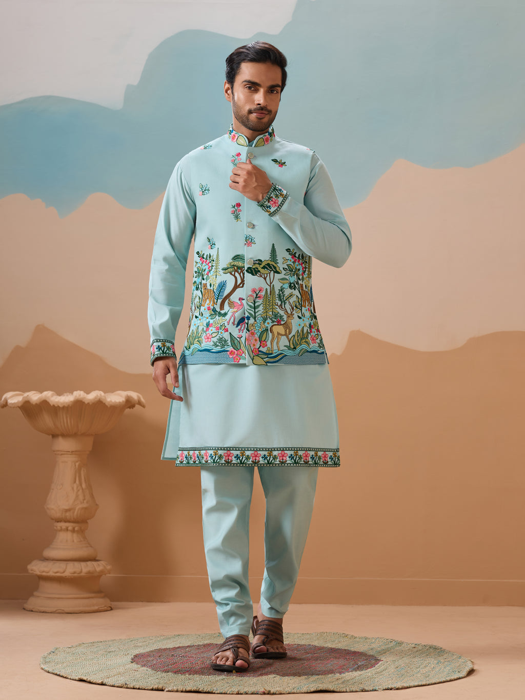 Stylish Sky Color Mens Koti Kurta Set Collection
