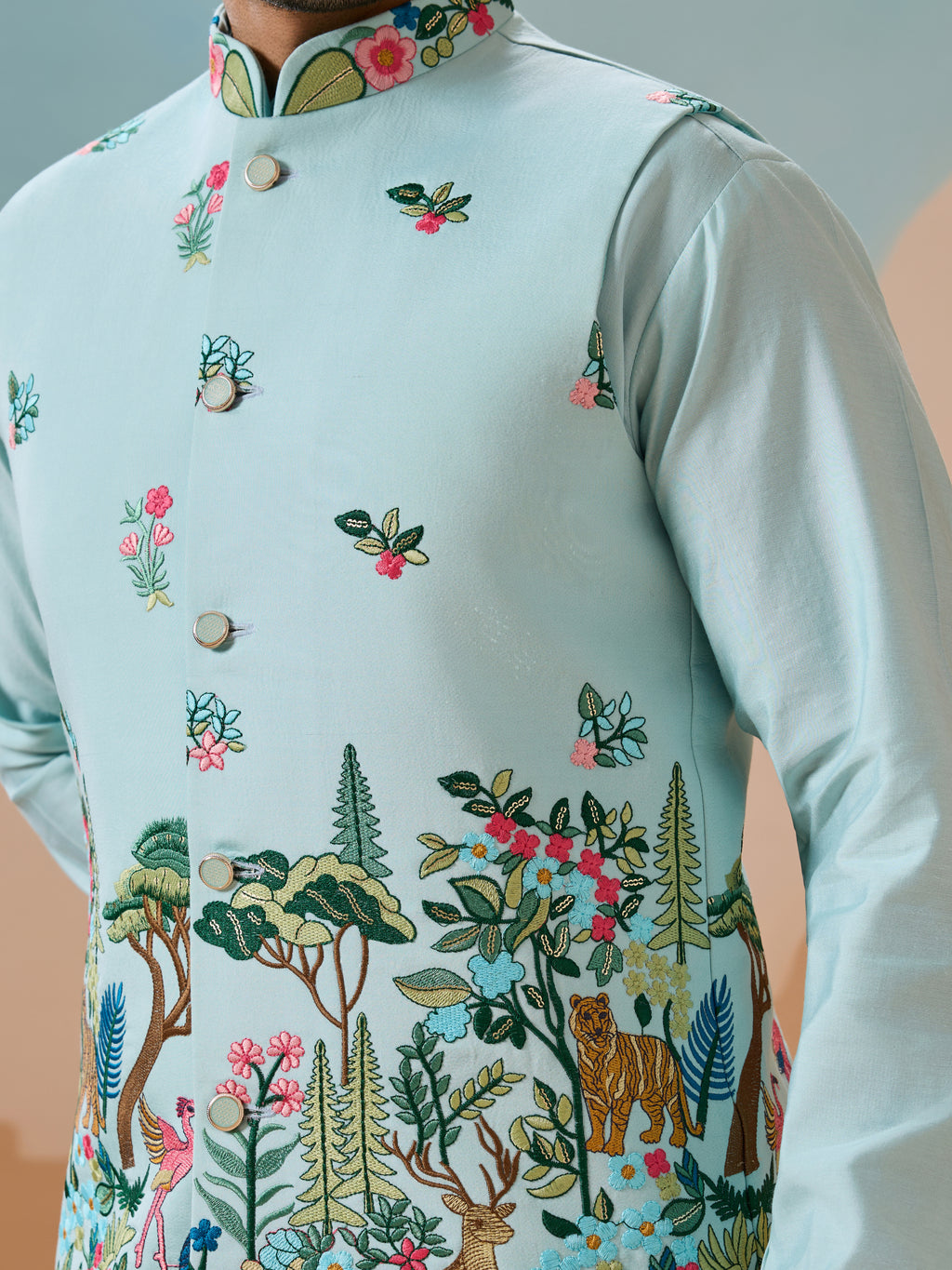 Stylish Sky Color Mens Koti Kurta Set Collection
