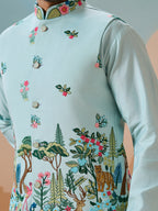 Stylish Sky Color Mens Koti Kurta Set Collection
