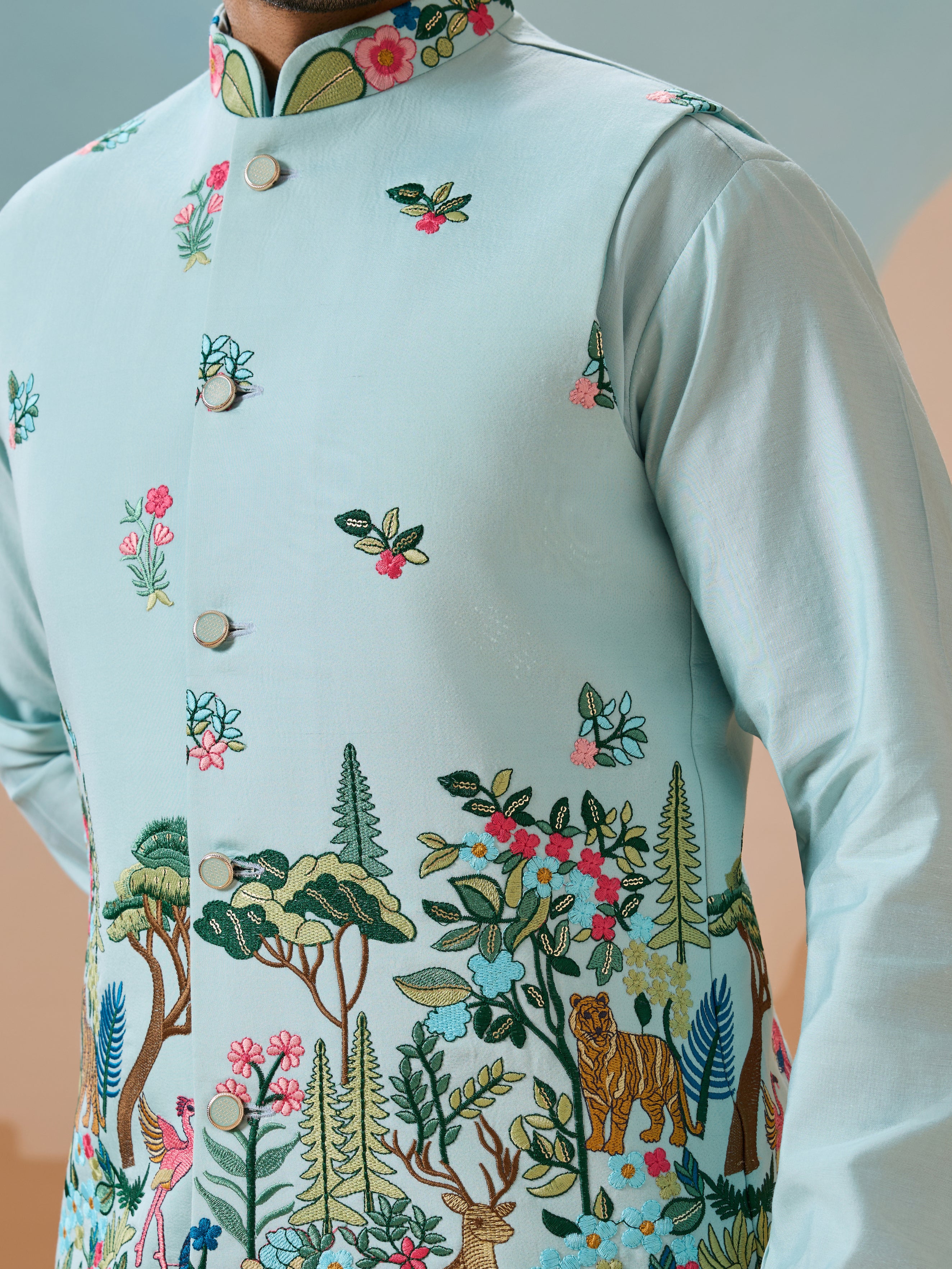 Stylish Sky Color Mens Koti Kurta Set Collection

