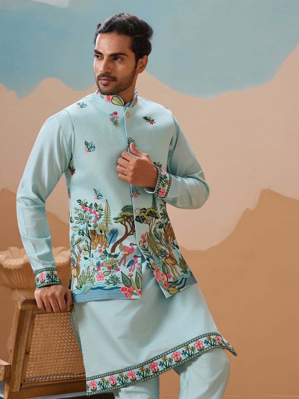 Stylish Sky Color Mens Koti Kurta Set Collection
