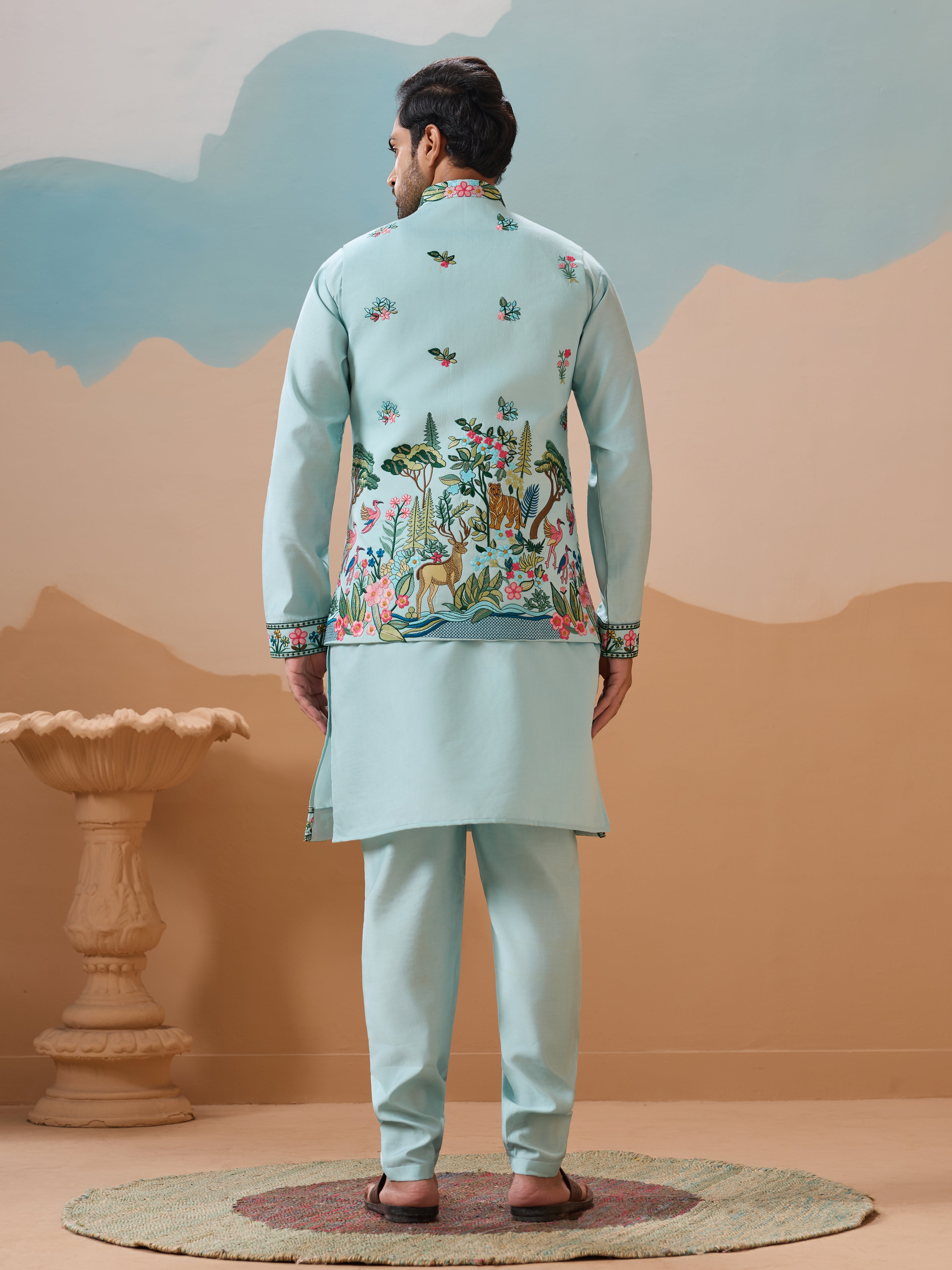 Stylish Sky Color Mens Koti Kurta Set Collection