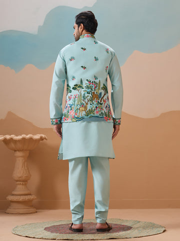 Stylish Sky Color Mens Koti Kurta Set Collection