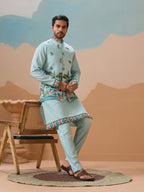 Stylish Sky Color Mens Koti Kurta Set Collection
