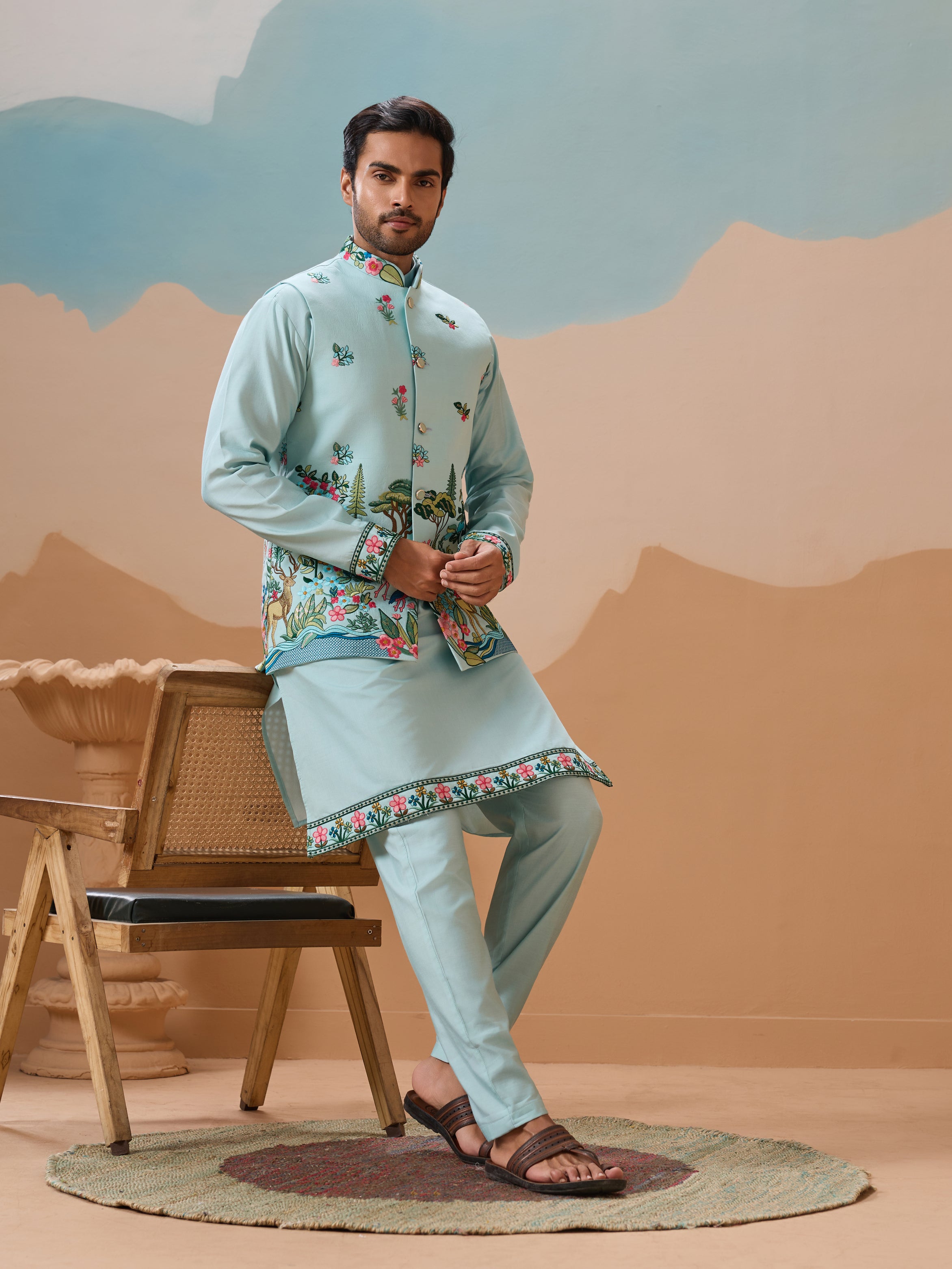 Stylish Sky Color Mens Koti Kurta Set Collection
