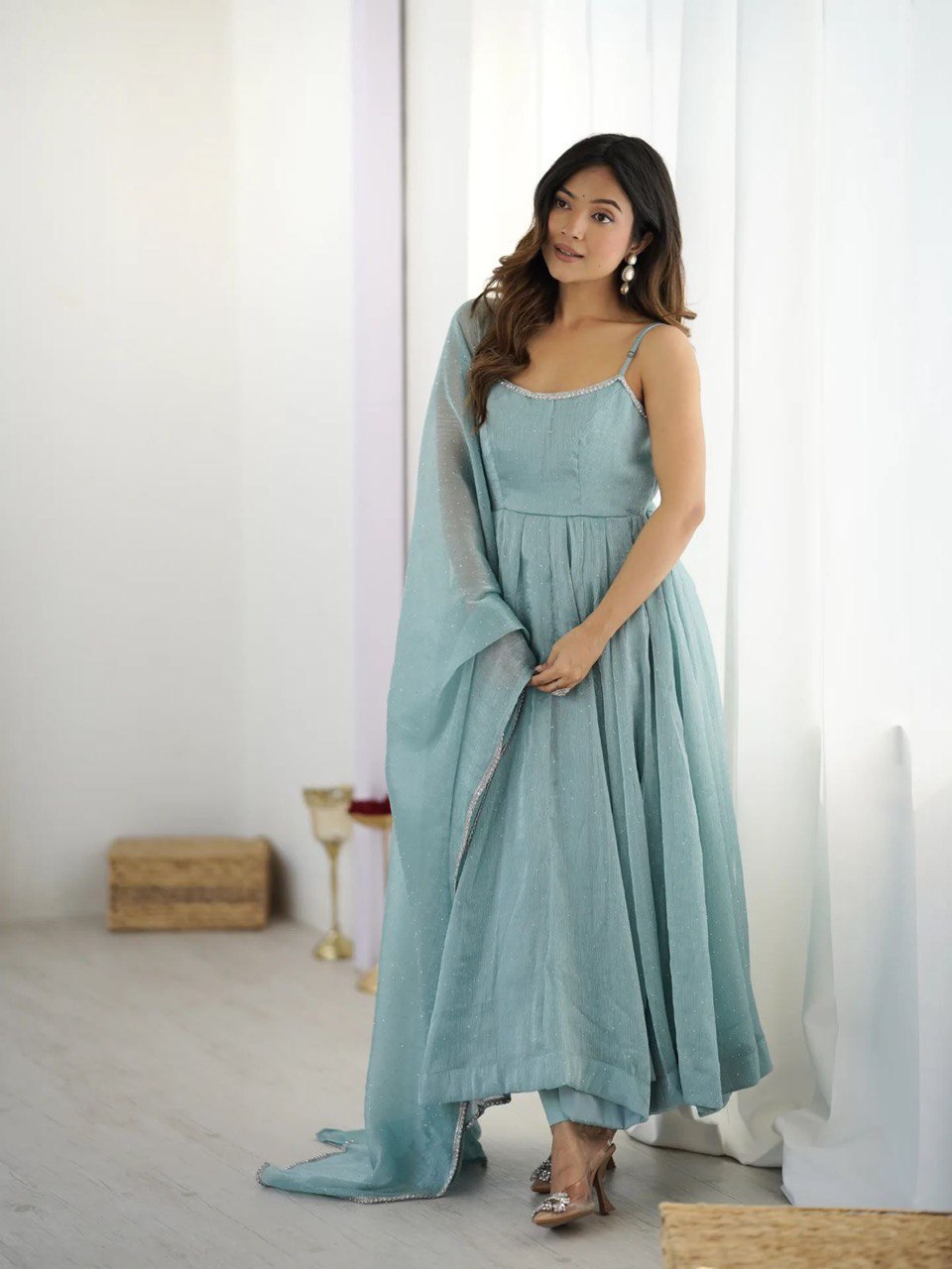Pure Crunch Silk Chanderi Fabric Anarkali Suit Comes With Duppatta & Pant
