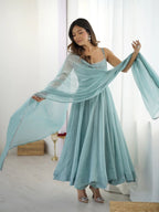 Pure Crunch Silk Chanderi Fabric Anarkali Suit Comes With Duppatta & Pant
