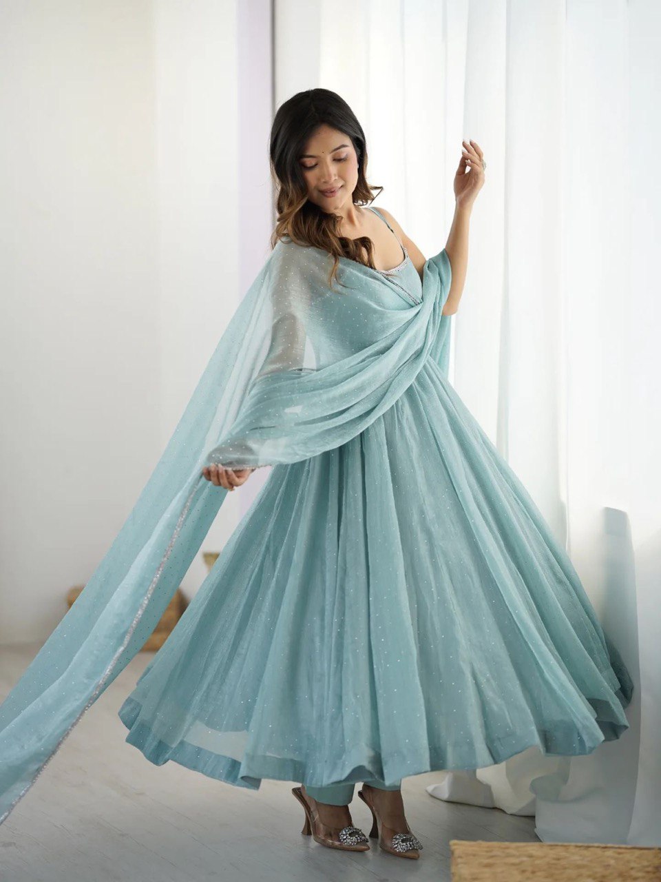 Pure Crunch Silk Chanderi Fabric Anarkali Suit Comes With Duppatta & Pant