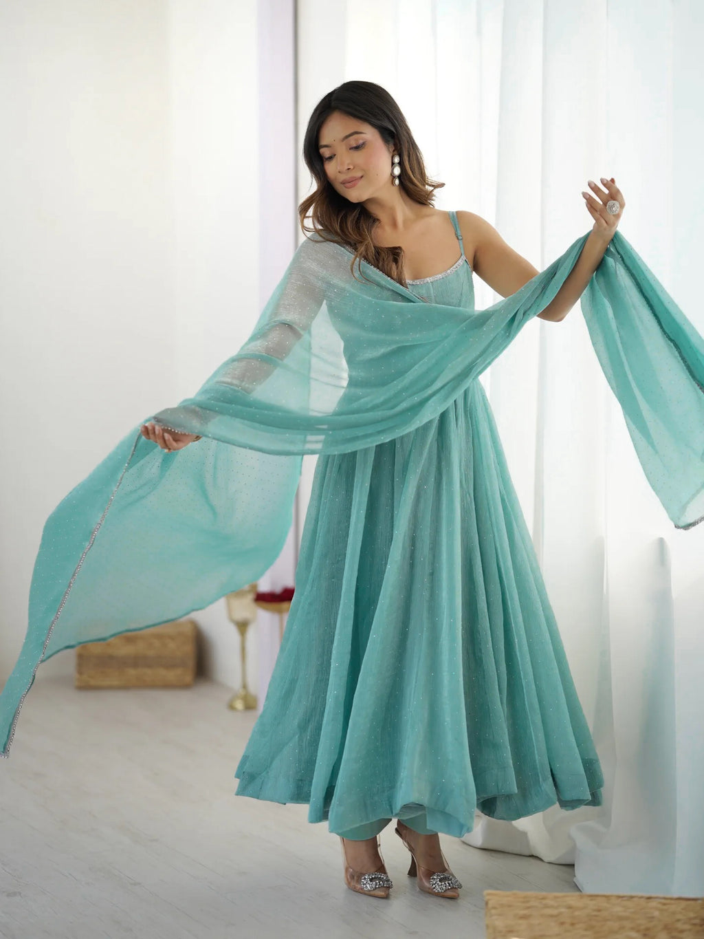 Imperial Sky Crunchy Silk Swarovski Work Anarkali Set
