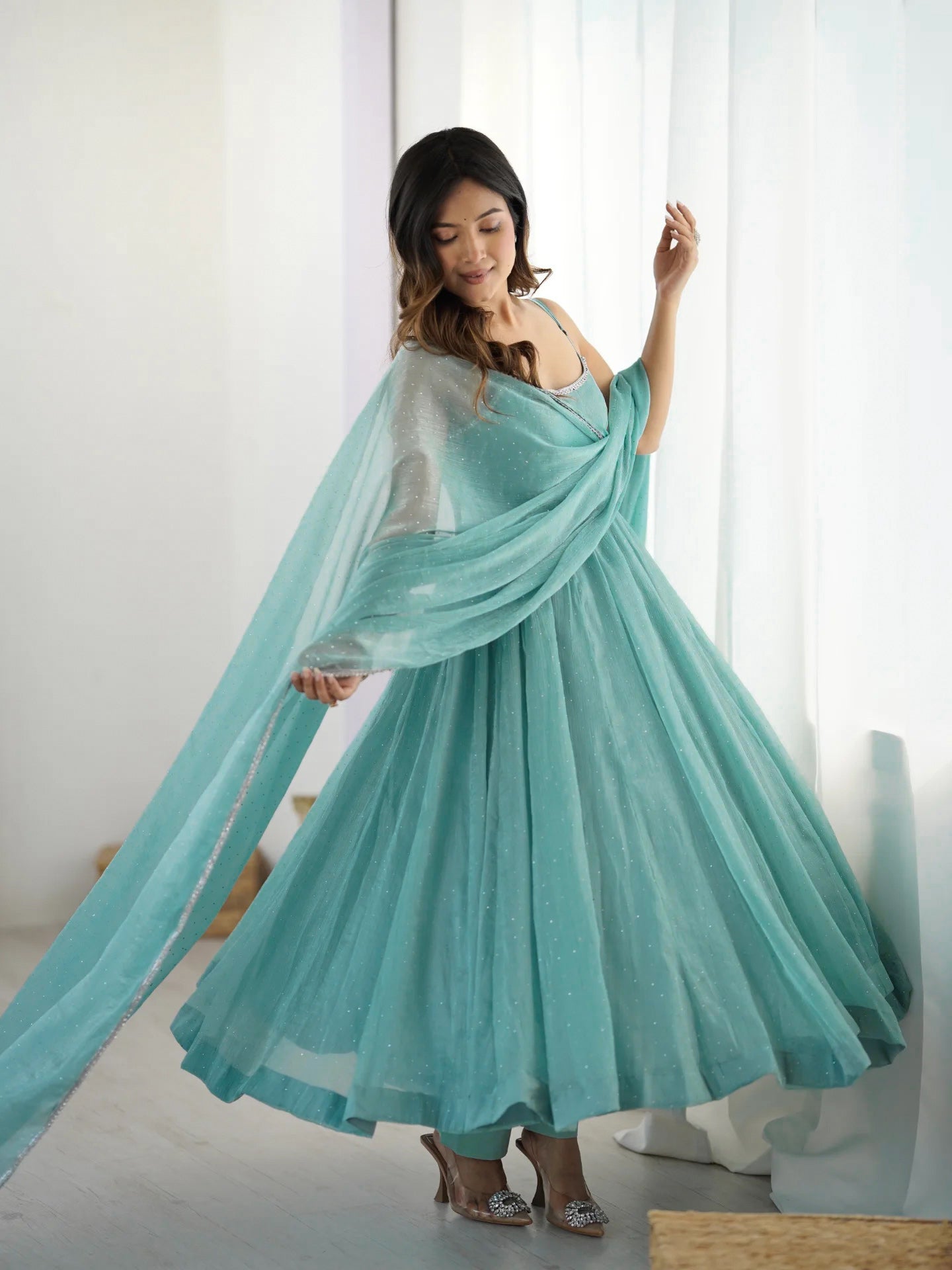 Imperial Sky Crunchy Silk Swarovski Work Anarkali Set
