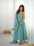 Imperial Sky Crunchy Silk Swarovski Work Anarkali Set
