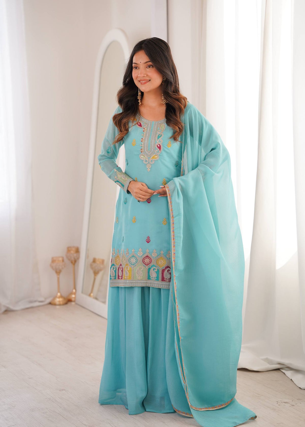 Sky Crunchy Silk Embroidery Suit Set | Tulip Designer
