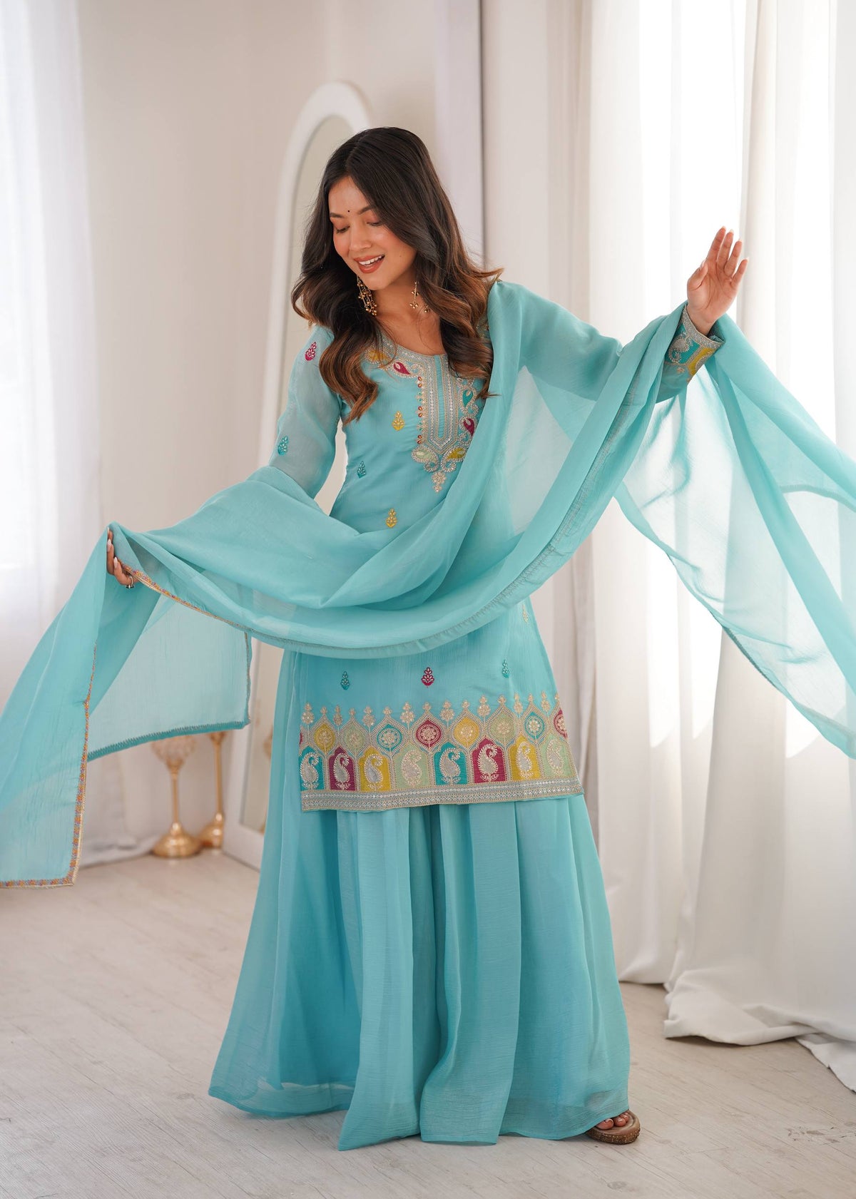 Sky Crunchy Silk Embroidery Suit Set | Tulip Designer
