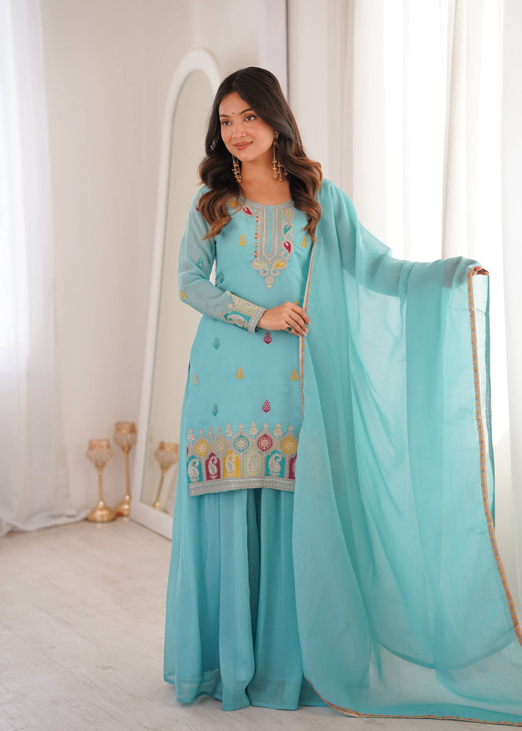 Sky Crunchy Silk Embroidery Suit Set | Tulip Designer
