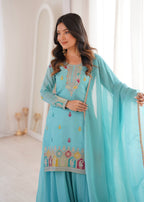 Sky Crunchy Silk Embroidery Suit Set | Tulip Designer
