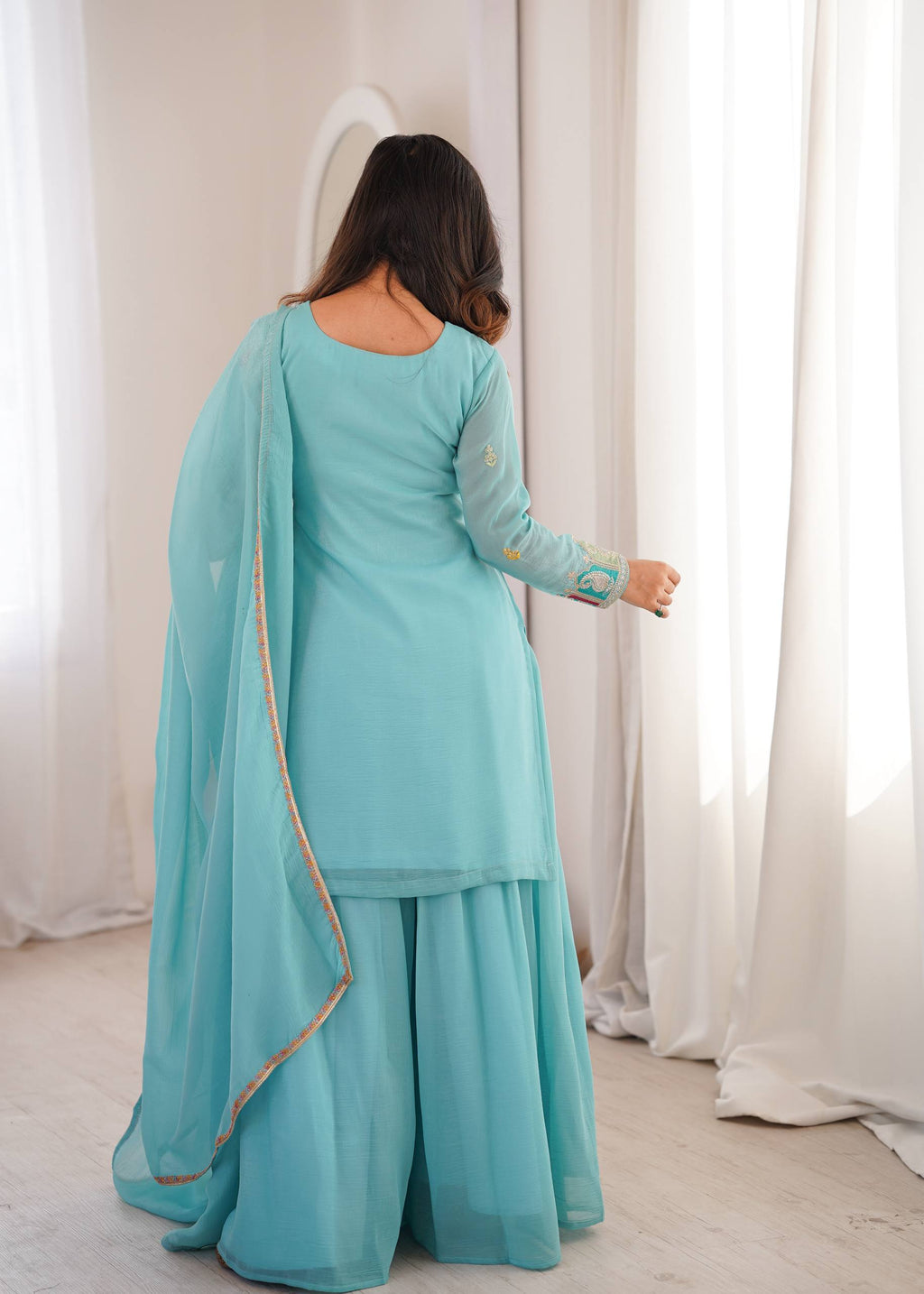 Sky Crunchy Silk Embroidery Suit Set | Tulip Designer
