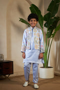 Sky Malai Satin Silk Embroidered Kurta with Jacket Set for Boys
