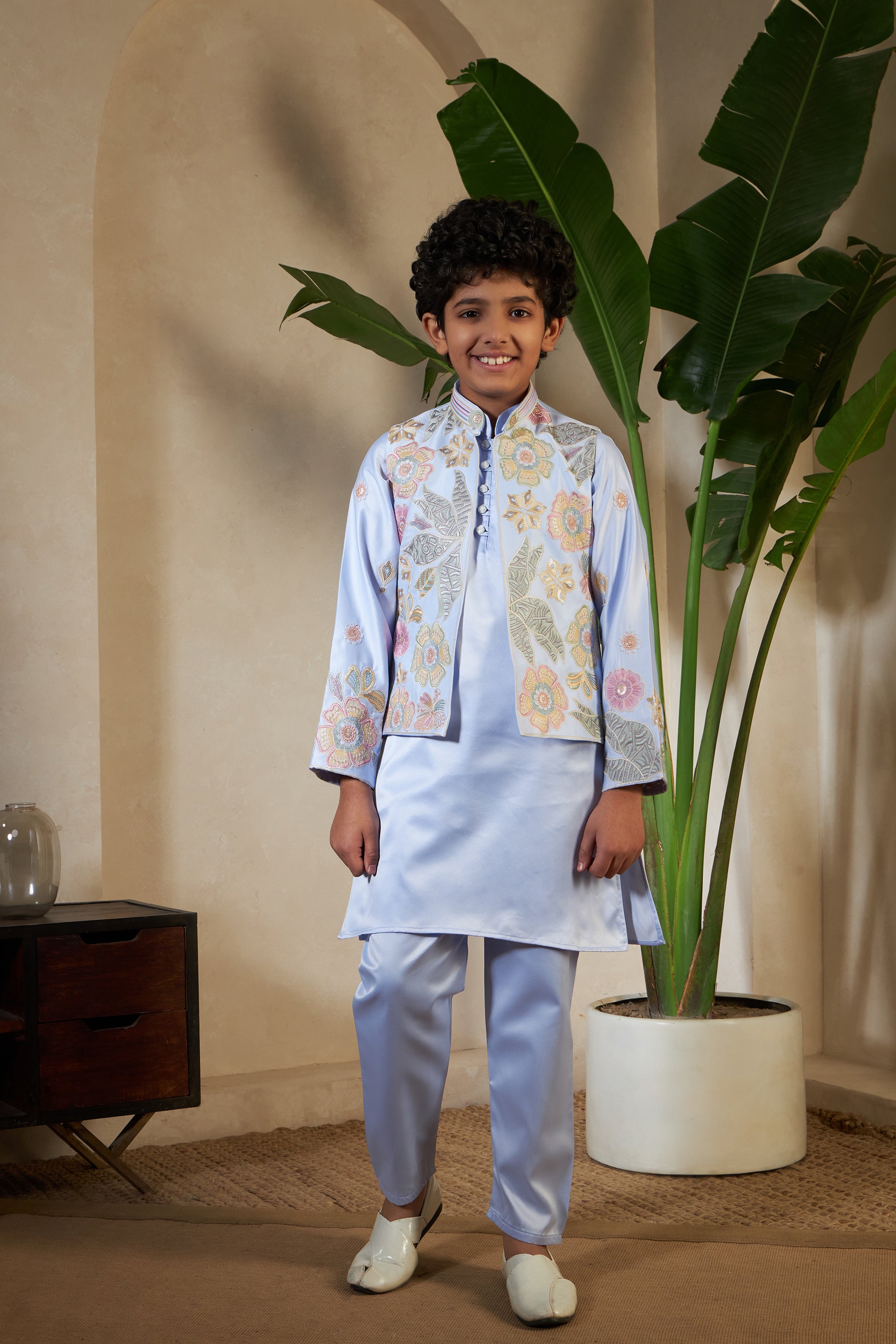 Sky Malai Satin Silk Embroidered Kurta with Jacket Set for Boys
