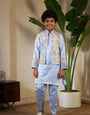 Sky Malai Satin Silk Embroidered Kurta with Jacket Set for Boys