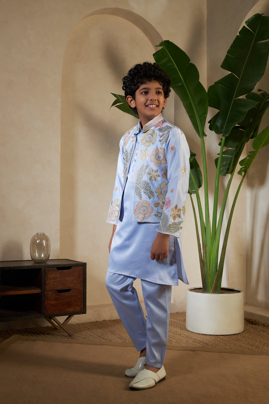 Sky Malai Satin Silk Embroidered Kurta with Jacket Set for Boys
