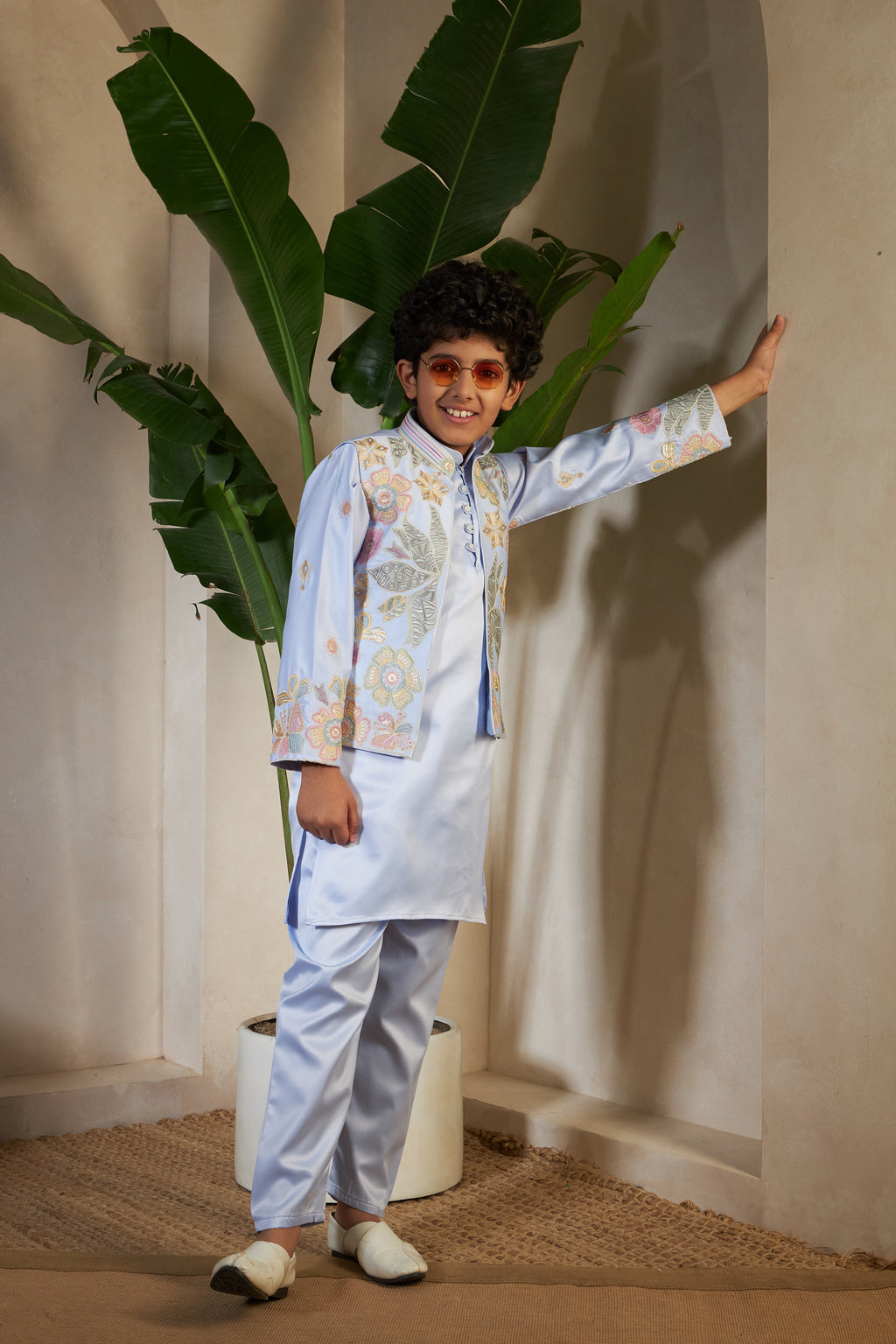 Sky Malai Satin Silk Embroidered Kurta with Jacket Set for Boys
