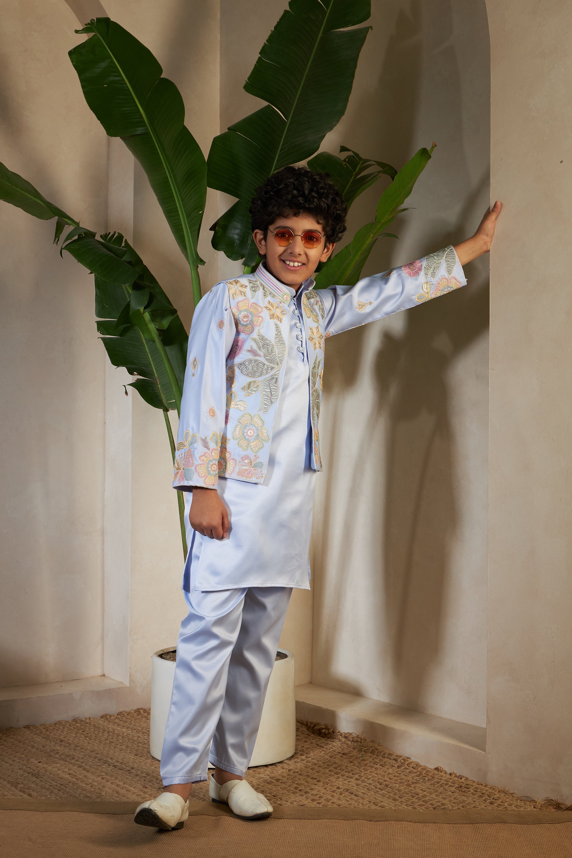 Sky Malai Satin Silk Embroidered Kurta with Jacket Set for Boys
