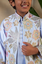 Sky Malai Satin Silk Embroidered Kurta with Jacket Set for Boys