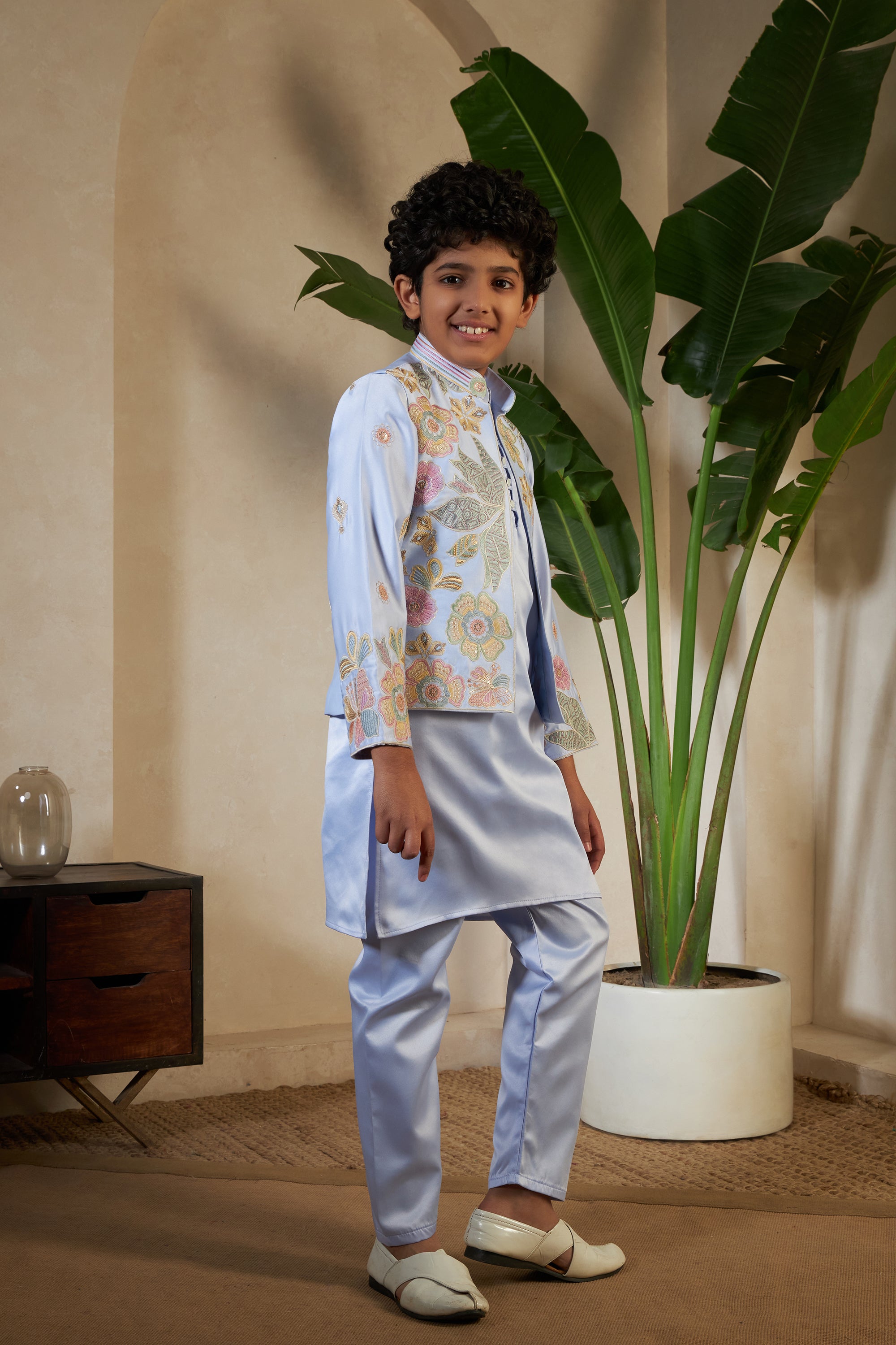 Sky Malai Satin Silk Embroidered Kurta with Jacket Set for Boys