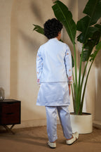 Sky Malai Satin Silk Embroidered Kurta with Jacket Set for Boys