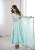 Sky Faux Georgette Thread Work Designer Anarkali Set
