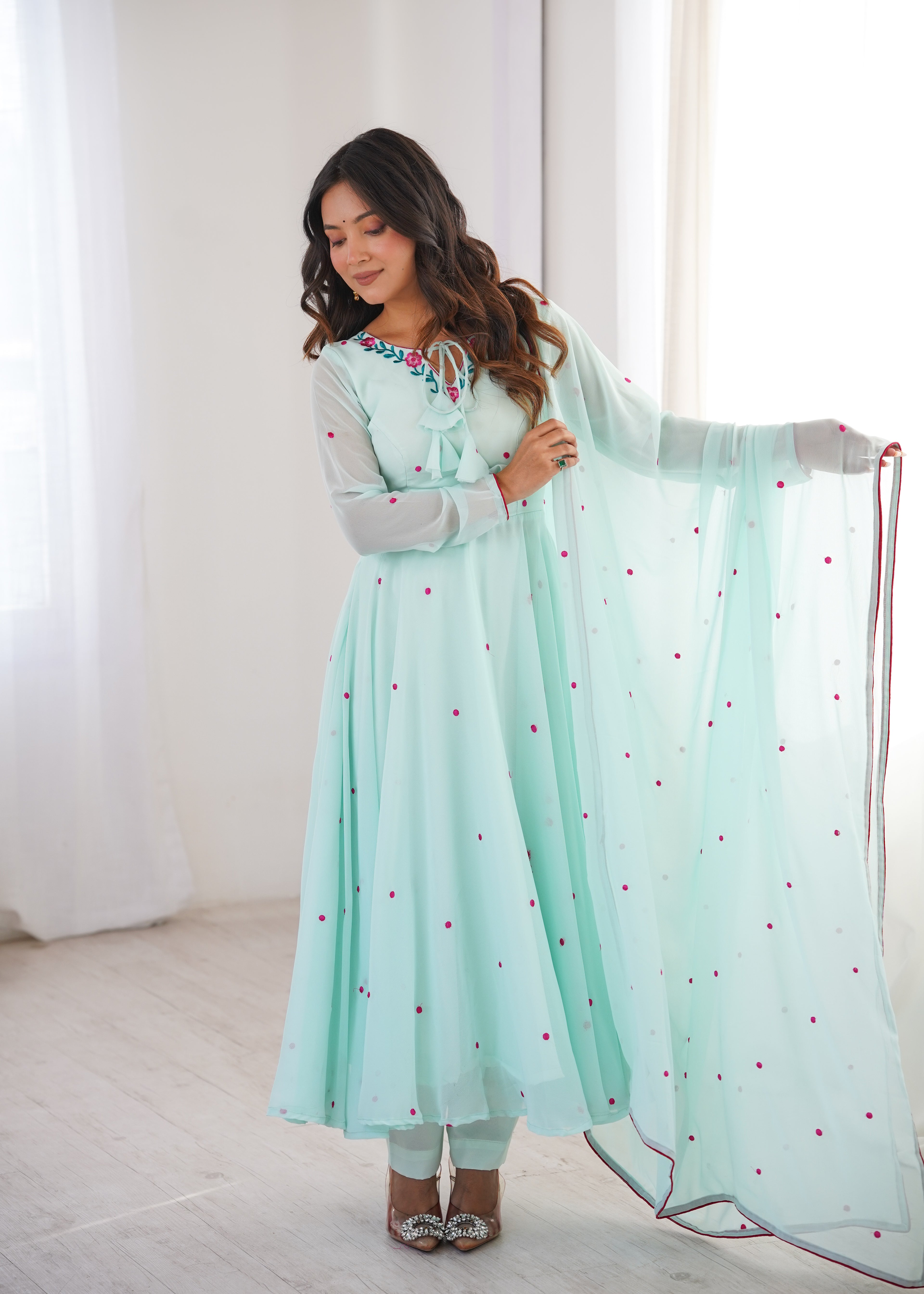 Sky Faux Georgette Thread Work Designer Anarkali Set
