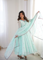 Sky Faux Georgette Thread Work Designer Anarkali Set
