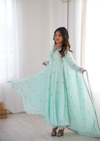 Sky Faux Georgette Thread Work Designer Anarkali Set
