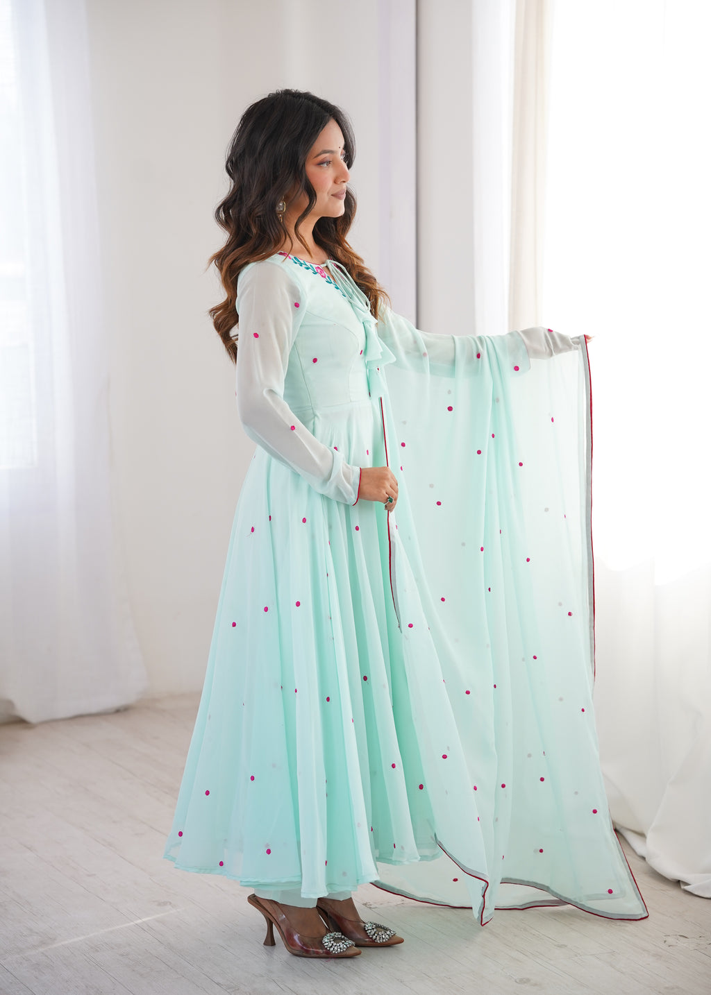 Sky Faux Georgette Thread Work Designer Anarkali Set
