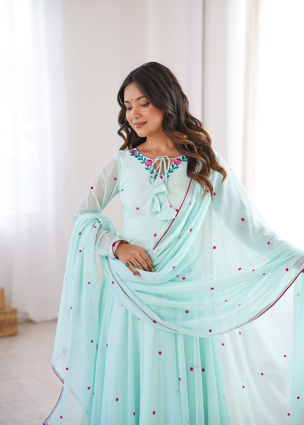 Sky Faux Georgette Thread Work Designer Anarkali Set
